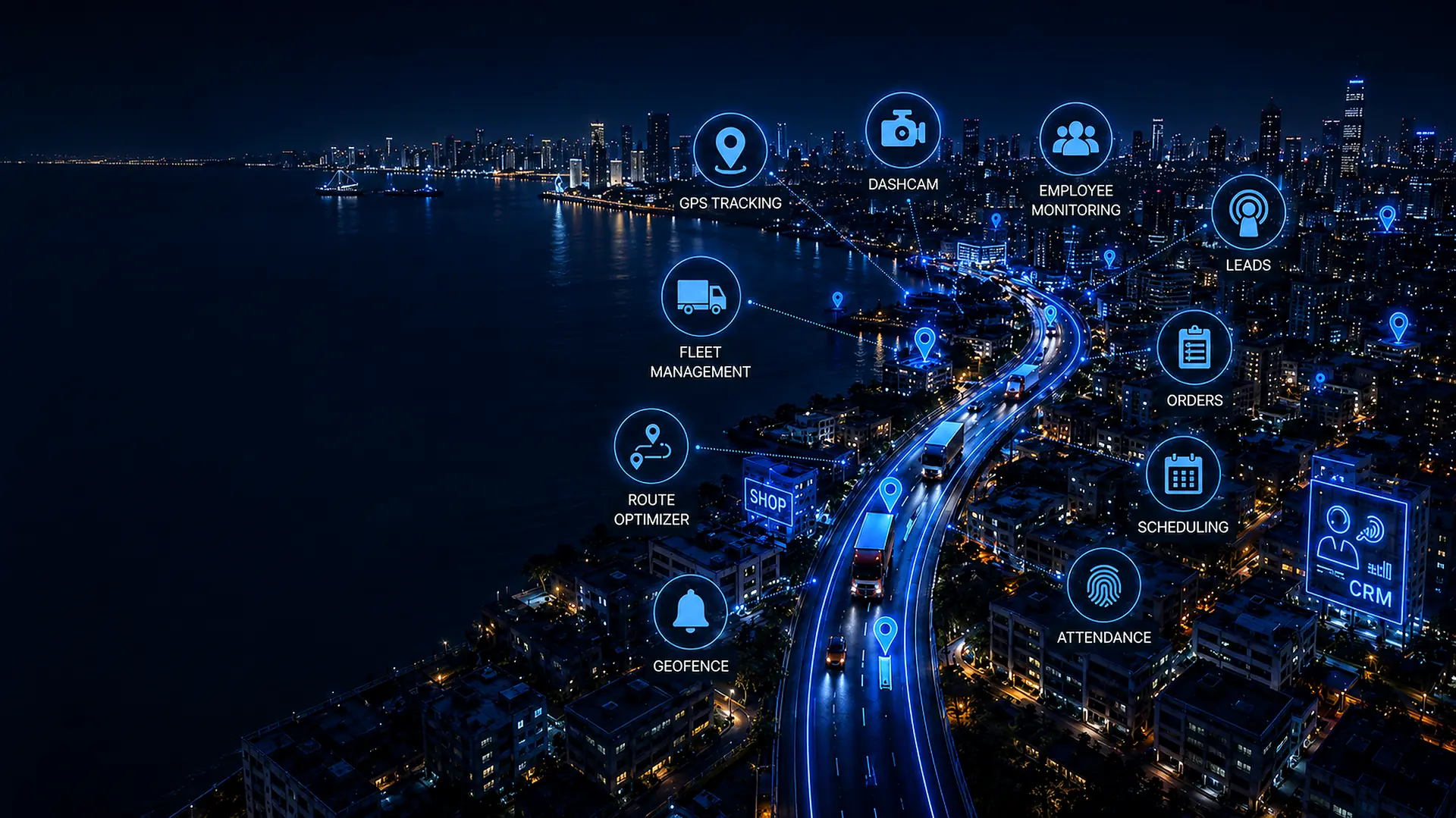 Connected fleet city skyline with GPS tracking module icons